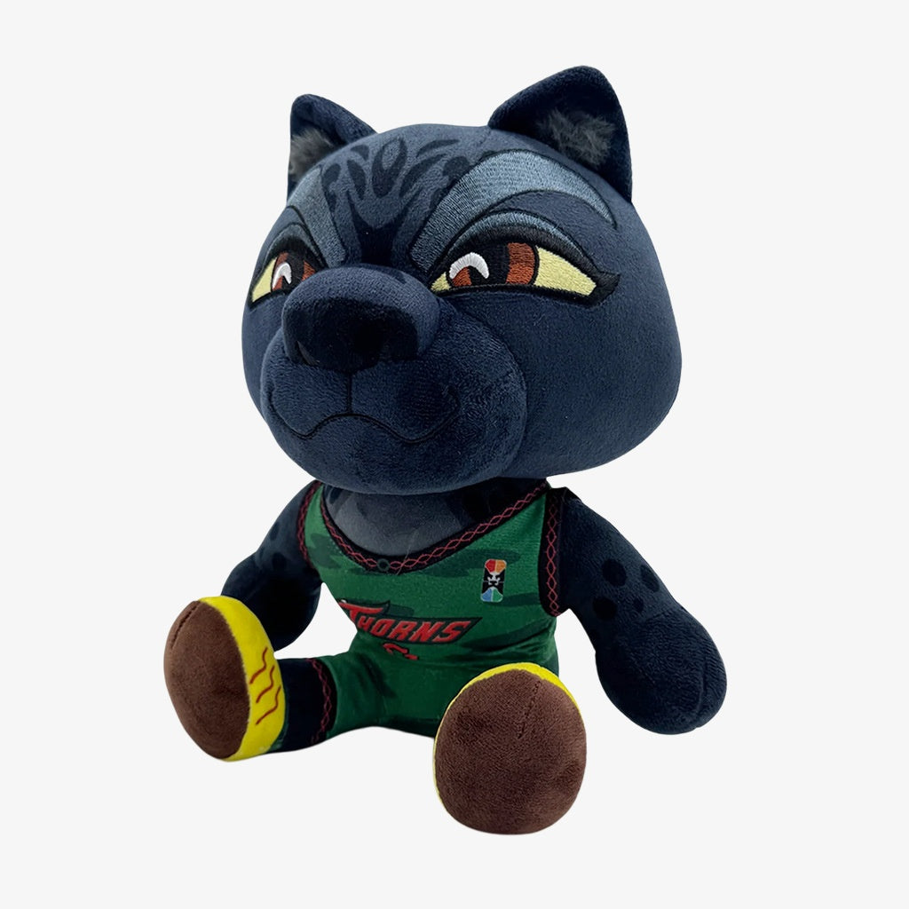 The ZoDoll GOAT Sony Thorns Plush Toy Collection soft stuffed doll (20cm x 24cm) features a black panther in a green and red HAWKS uniform—a must-have kawaii plush collectible for fans and collectors.