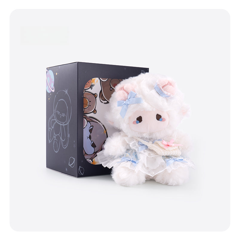 The ZEIO Mini Lamb Plush Toy (18cm) features a soft sheep doll dressed in an elegant dress and hat, sitting beside a black cartoon bear-themed box—perfect for any kawaii stuffed animal or plush toy collection.