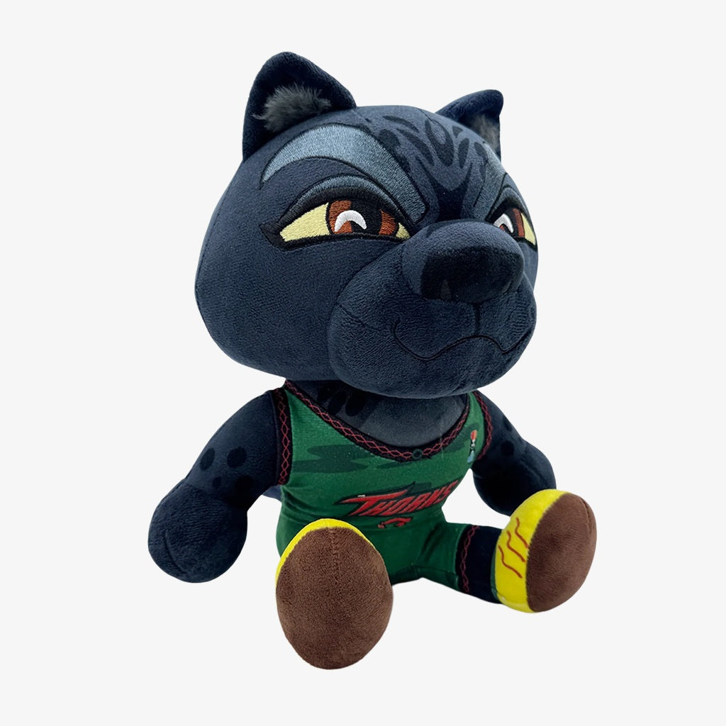 The ZoDoll GOAT Sony Thorns Plush Toy Collection features a soft, 20cm x 24cm black panther doll in a green basketball jersey with yellow-striped shoes—a perfect collectible for stuffed animal fans.