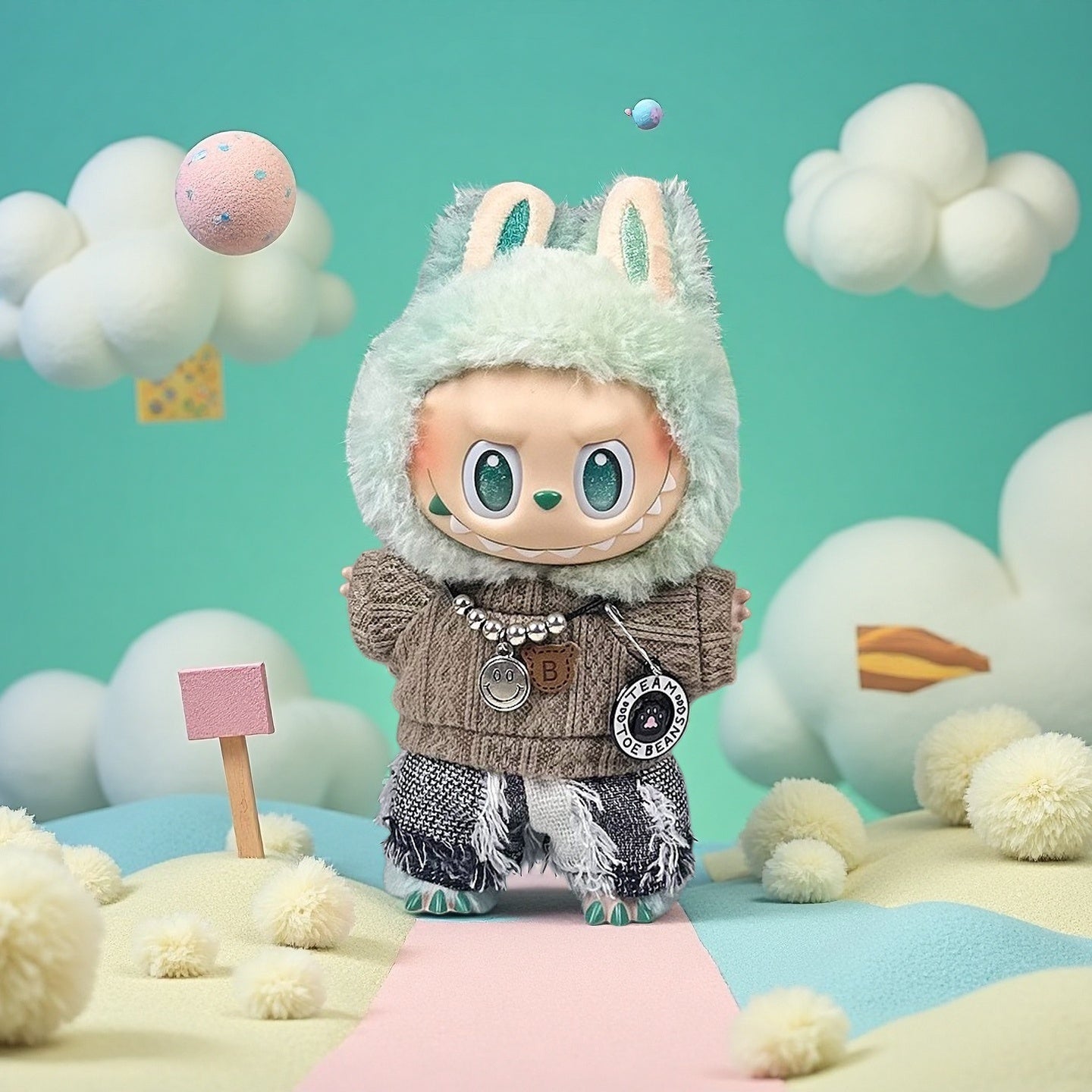 The ZoDoll Labubu Doll wears a brown cable knit sweater and fringe tweed pants outfit set, standing on a whimsical landscape with fluffy clouds and floating objects in the background.