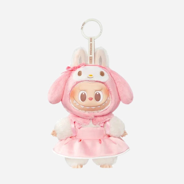 The POP MART LABUBU Hello Kitty and Friends Series My Melody Plush Pendant Figure is a cute keychain doll in a pink bunny outfit with white accents and a bow—ideal for Sanrio fans and collectors of kawaii accessories.
