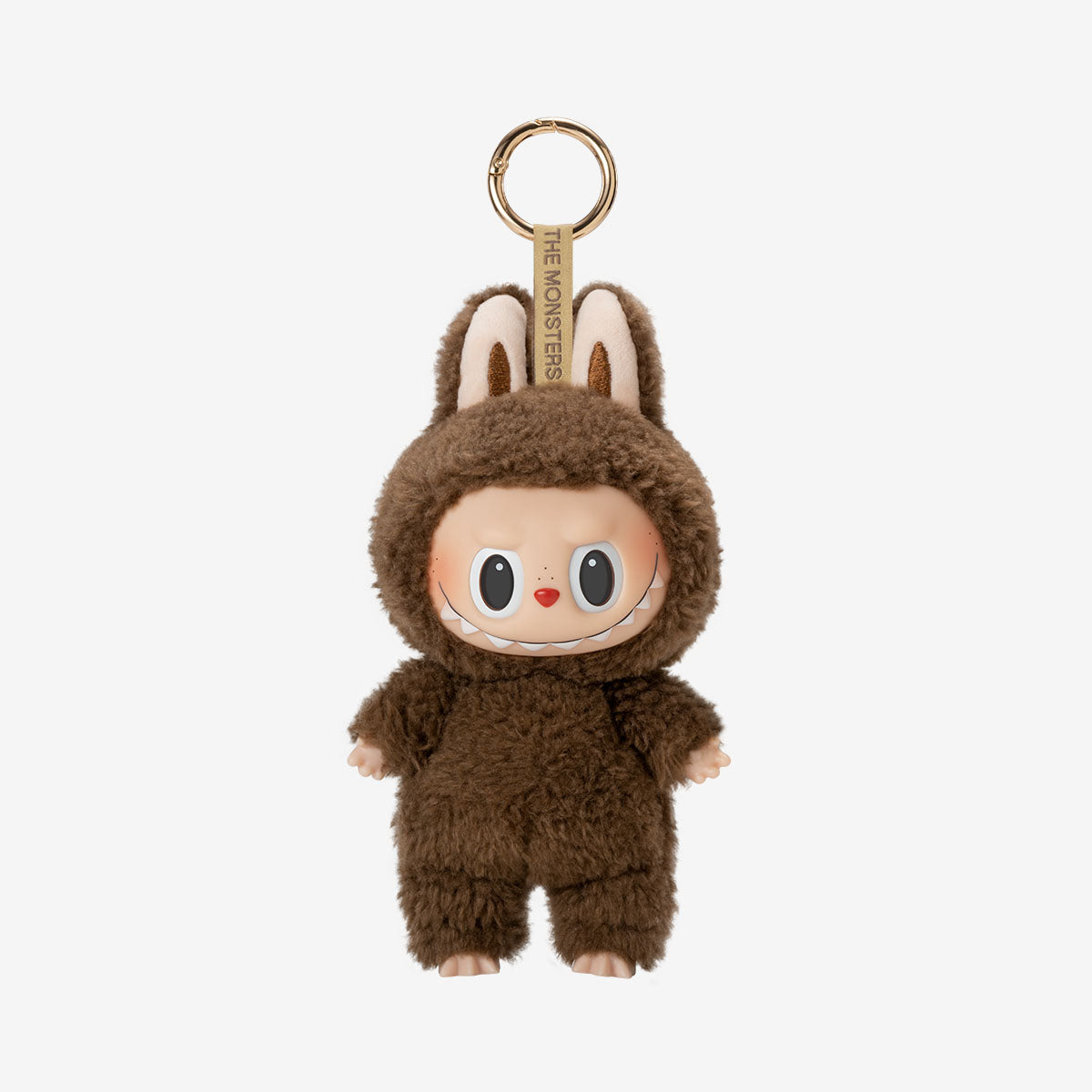 The Labubu Secret Edition “Chestnut Cocoa” Plush Keychain by POP MART features a large smiling face in a fuzzy brown bunny costume with ears and a gold keyring—perfect for fans and collectors of Kasing Lung’s creations.