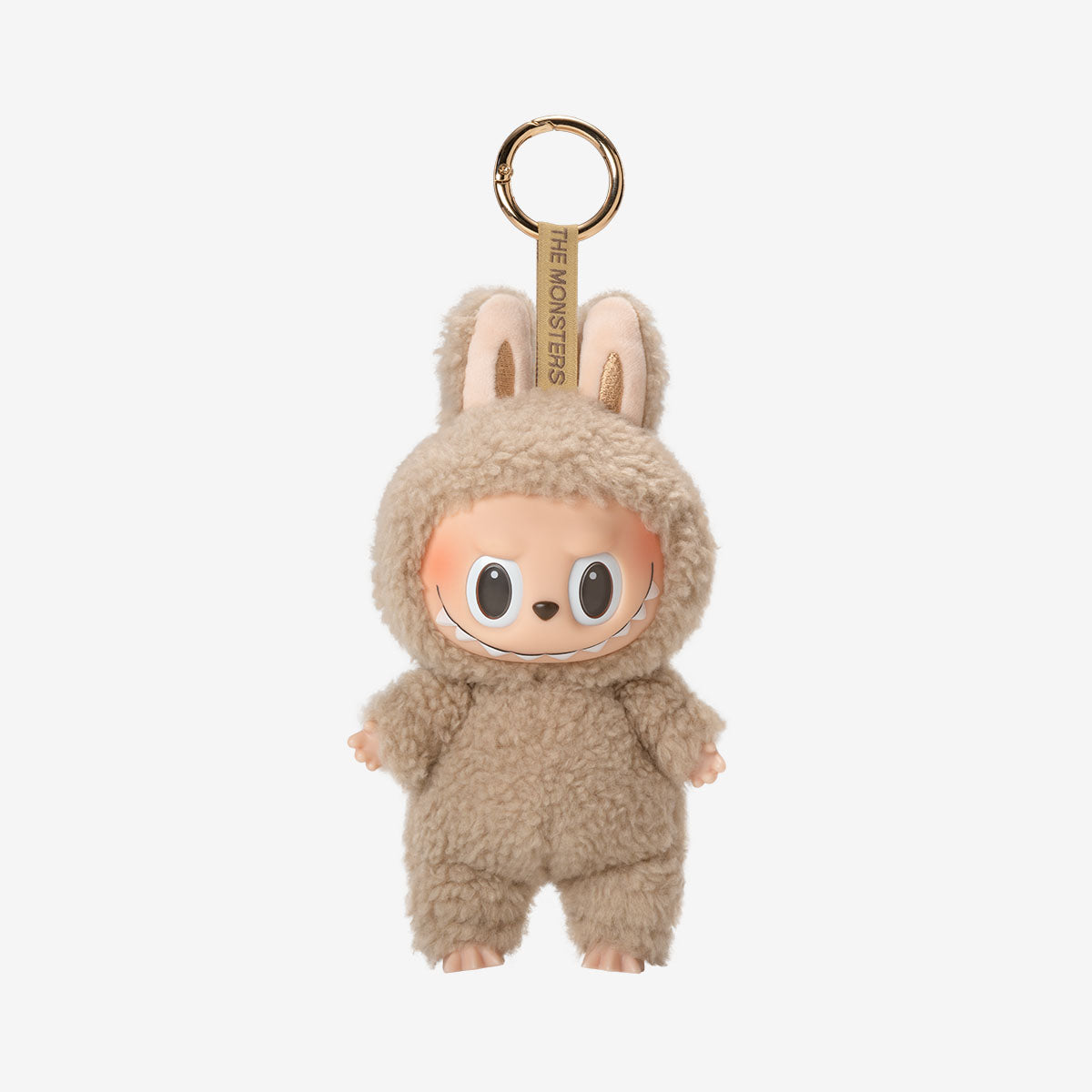 The POP MART Labubu "Toffee" Plush Keychain is a standing brown bunny collectible by Kasing Lung, featuring a wide smile, adorable bunny ears, and a gold keyring.