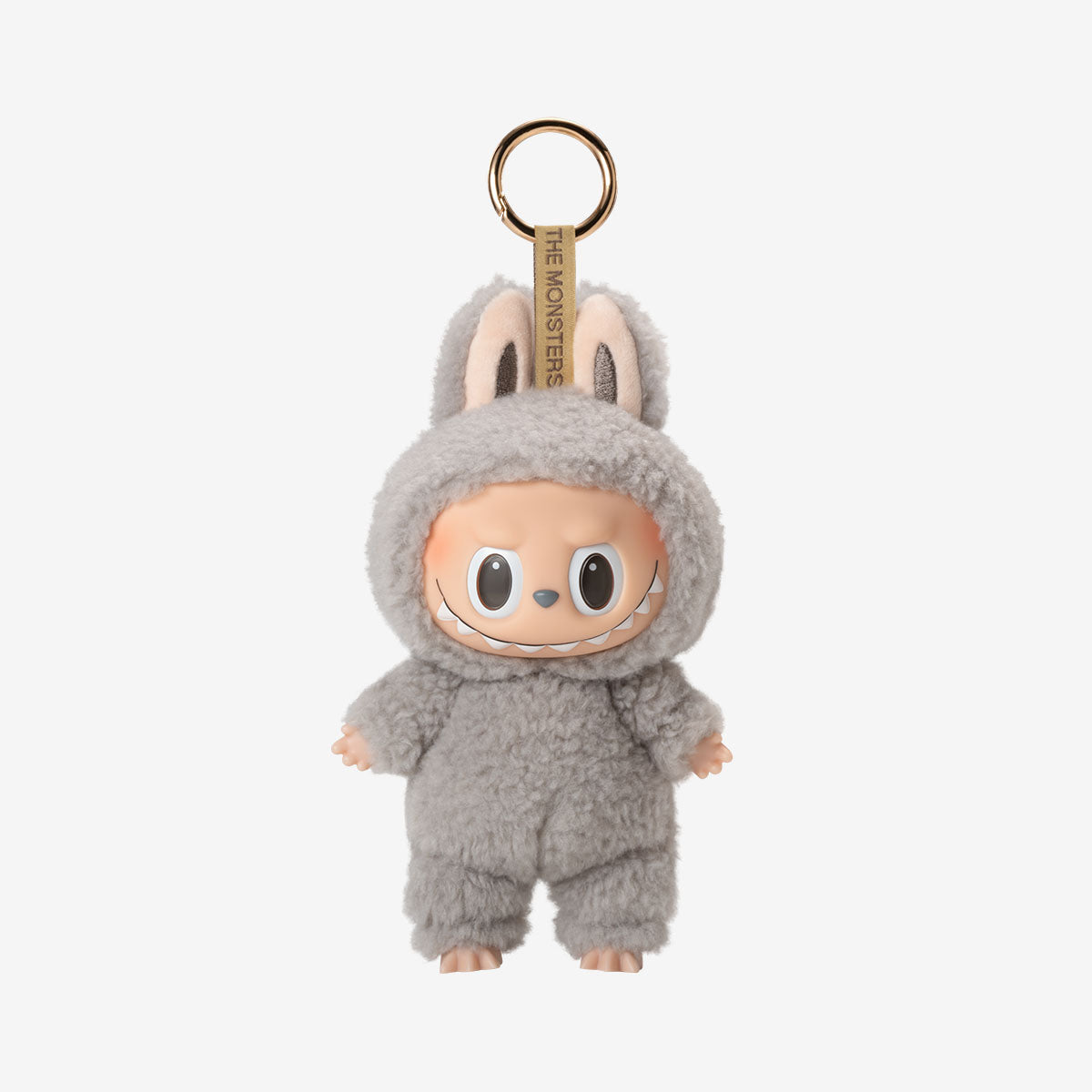 A plush keychain from the POP MART Labubu The Monsters “Exciting Macaron” 6-piece set features a bunny-costumed vinyl-face doll with big eyes and a wide grin, designed by Kasing Lung. Limited edition collectible on white background.