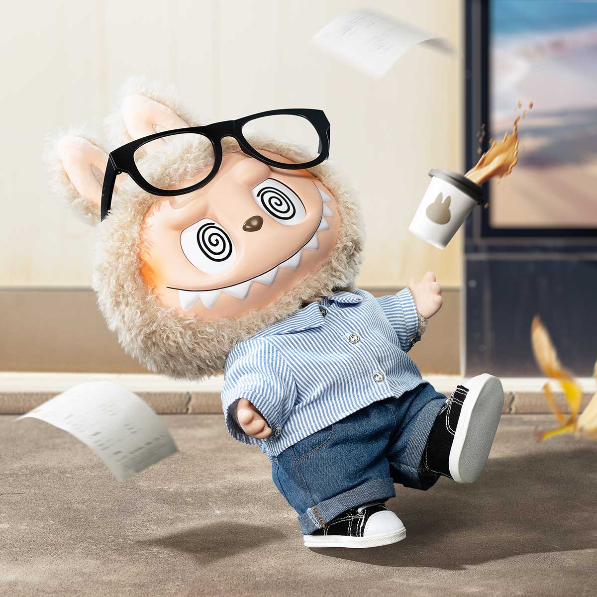 POP MART's THE MONSTERS – FLIP WITH ME 38cm Labubu Vinyl Plush Doll features spiral eyes, glasses, a furry hood, sailor shirt, and denim. The figure tilts back as papers and a coffee cup spill midair around it.