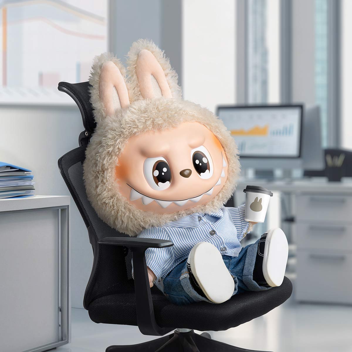 The POP MART THE MONSTERS – FLIP WITH ME 38cm Labubu Vinyl Plush Doll, dressed in a sailor shirt and denim, sits in an office chair with a coffee cup, brightening the workspace next to a desk and charts.