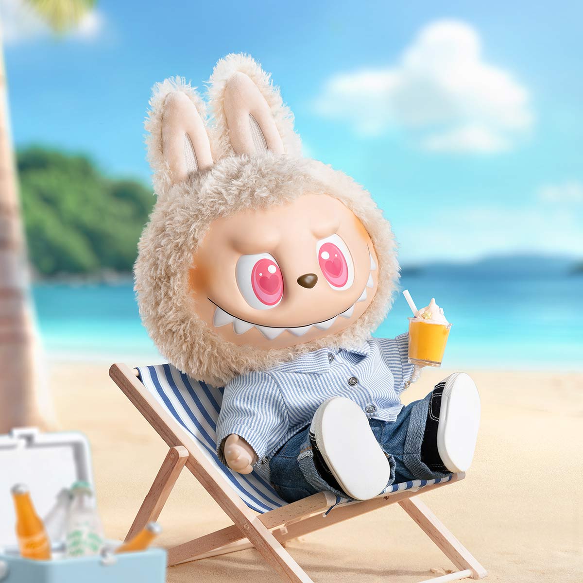 The POP MART THE MONSTERS – FLIP WITH ME 38cm Labubu Vinyl Plush Doll wears a sailor shirt and denim, lounging on a beach chair with a drink, sea, and palm trees—ideal for collectible fashion art fans.
