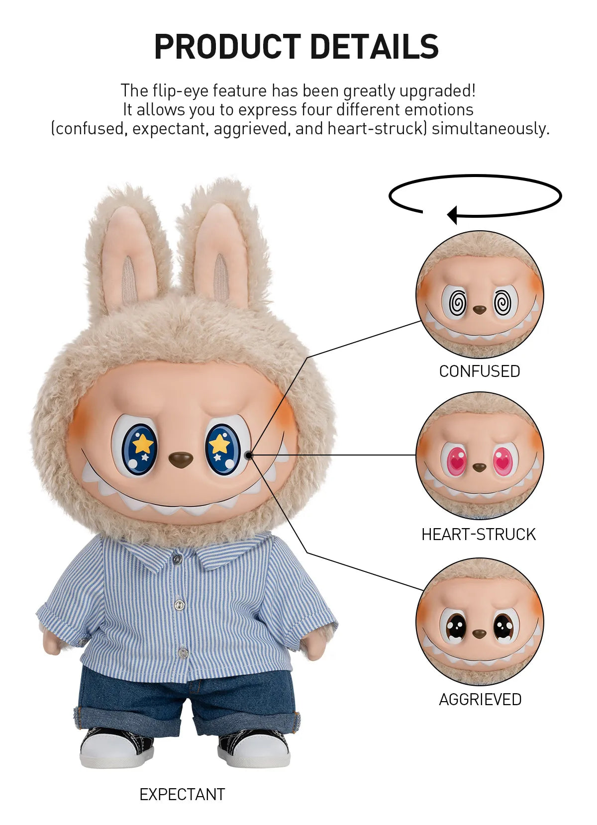 The POP MART THE MONSTERS – FLIP WITH ME 38cm Labubu Vinyl Plush Doll in Sailor Shirt & Denim features a flip-eye design showing four emotions, making it a must-have collectible for designer vinyl doll fans.