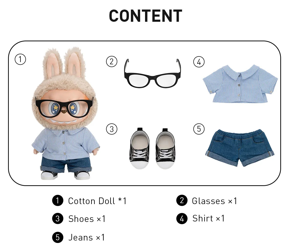 The POP MART THE MONSTERS – FLIP WITH ME 38cm Labubu Vinyl Plush Doll features a bunny-eared hood, sailor shirt, denim jeans, removable glasses and shoes—ideal for vinyl doll lovers and collectible fashion art fans.