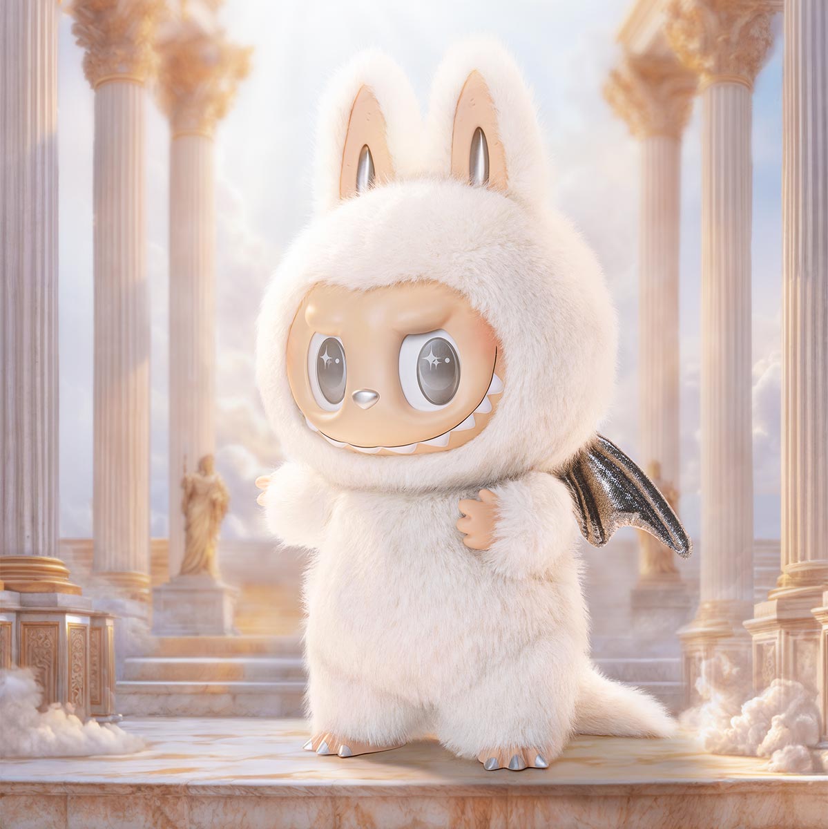 Meet the Labubu Angel in Clouds 58cm Designer Plush Doll – THE MONSTERS Premium Limited Edition by POP MART, a cute, wide-eyed character in a fluffy bunny costume with bat wings among dreamy marble columns.