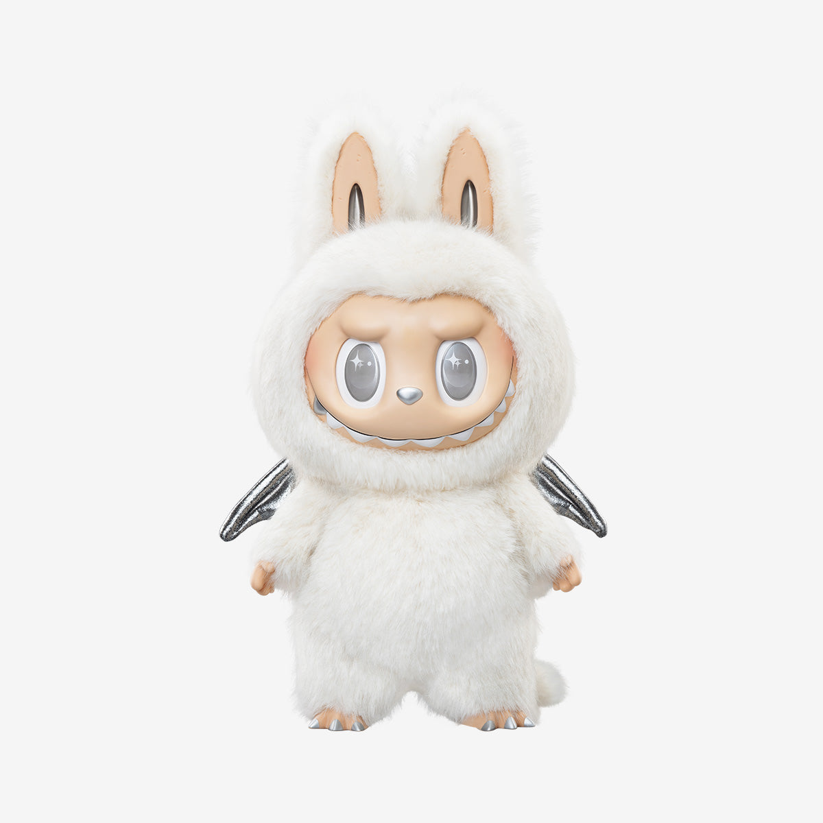The POP MART Labubu Angel in Clouds 58cm Designer Plush Doll – THE MONSTERS Premium Limited Edition features large eyes, a silver nose, exposed teeth, and a fluffy white bunny suit with metallic silver wings—a charming collectible.