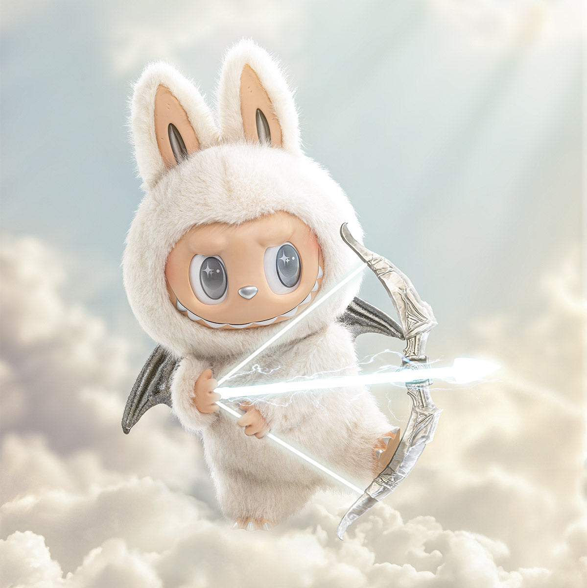 Meet the limited edition POP MART Labubu Angel in Clouds 58cm Designer Plush Doll – THE MONSTERS, a plush with bunny ears, wings, and large eyes holding a glowing bow while standing on clouds under a bright sky.