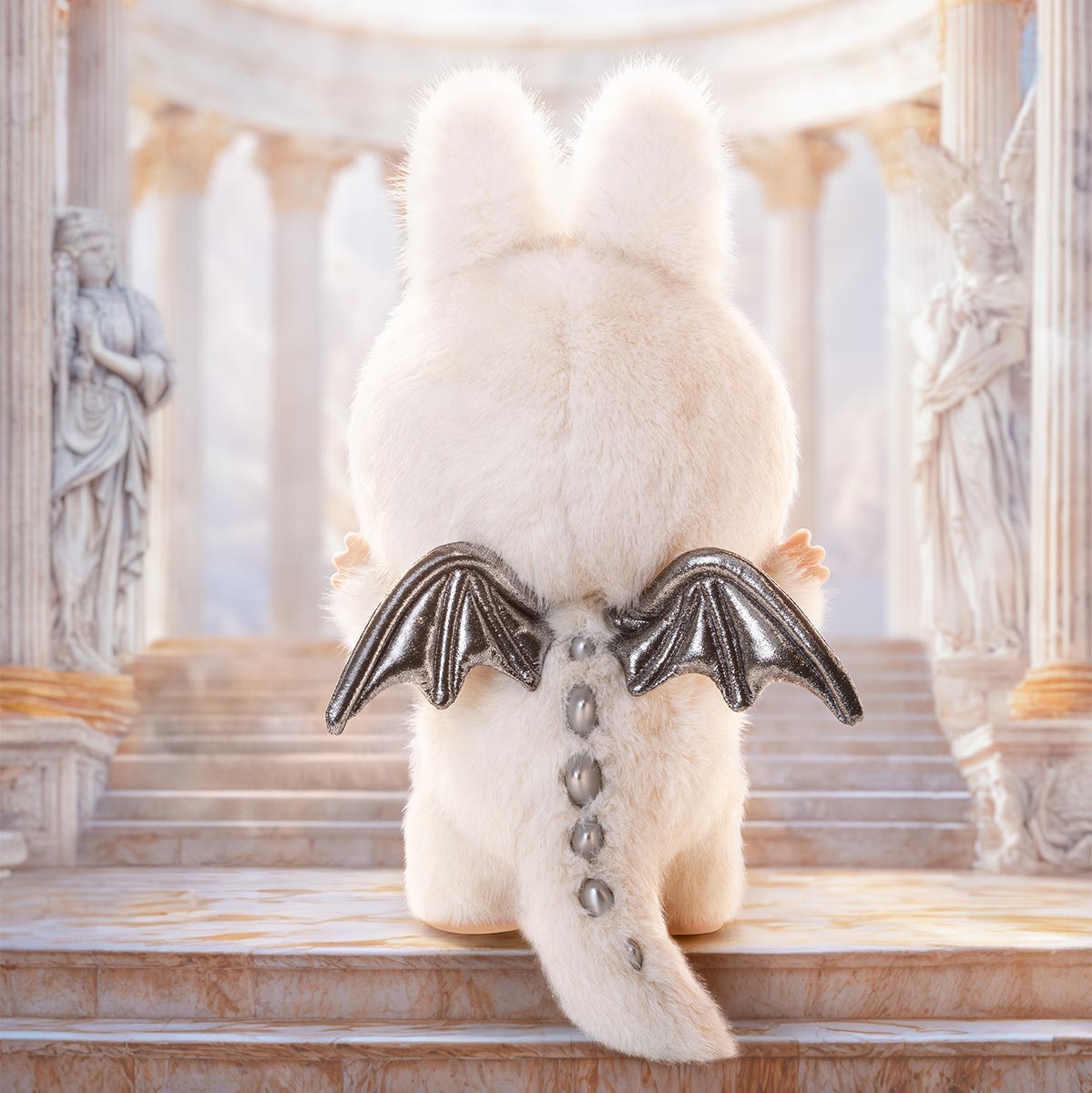 A plush white creature with rabbit ears, metallic dragon wings, and a tail stands on marble steps—Labubu Angel in Clouds 58cm Designer Plush Doll by POP MART, THE MONSTERS Premium Limited Edition collectible.