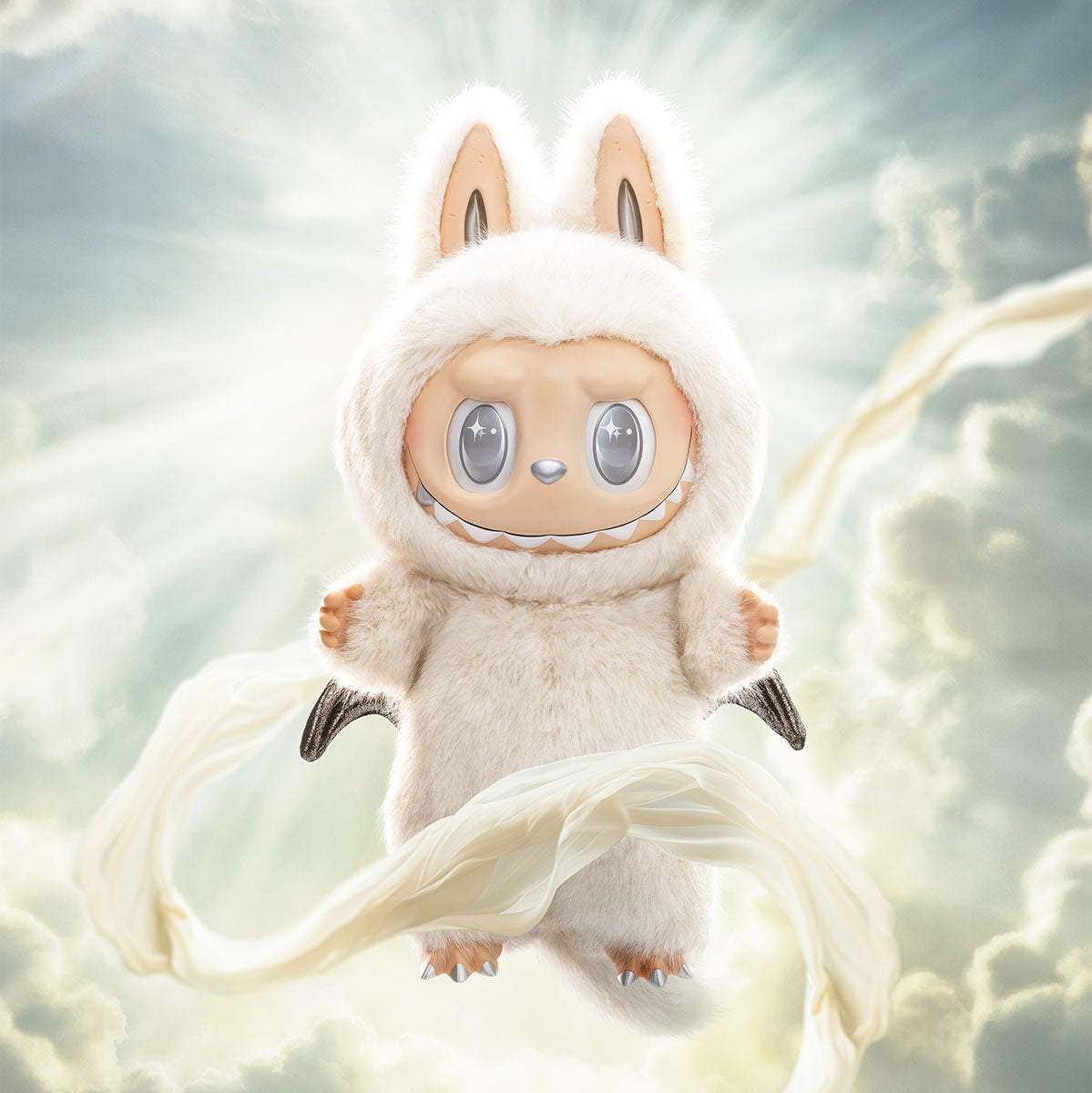The Labubu Angel in Clouds 58cm Designer Plush Doll – THE MONSTERS Premium Limited Edition by POP MART features Labubu in a white, fluffy bunny suit with wings, set against a cloudy sky with flowing ribbons—a whimsical collectible.