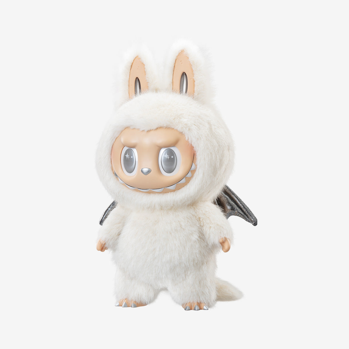 The Labubu Angel in Clouds 58cm Designer Plush Doll by POP MART, a premium limited edition from THE MONSTERS, features a fluffy white bunny suit with ears, black wings, big eyes, and a wide grin—perfect for collectors.