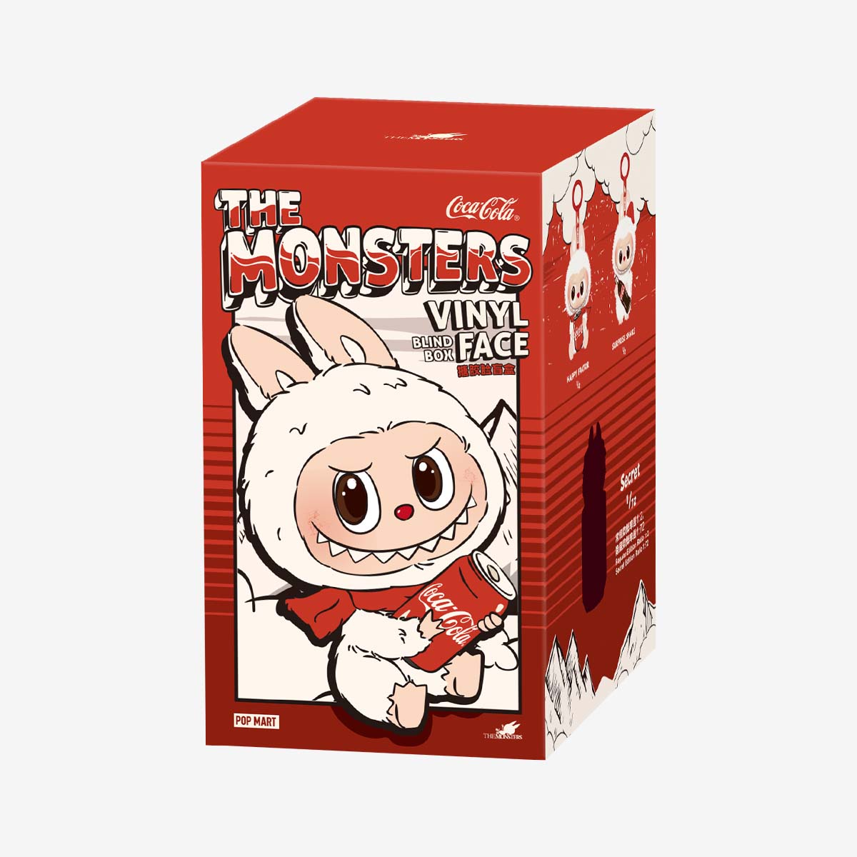 A red and white box featuring POP MART's Labubu Secret Edition “Mysterious Guest – Coca‑Cola” Plush Keychain, a vinyl and plush hybrid collectible cartoon bunny monster holding a Coca‑Cola can.