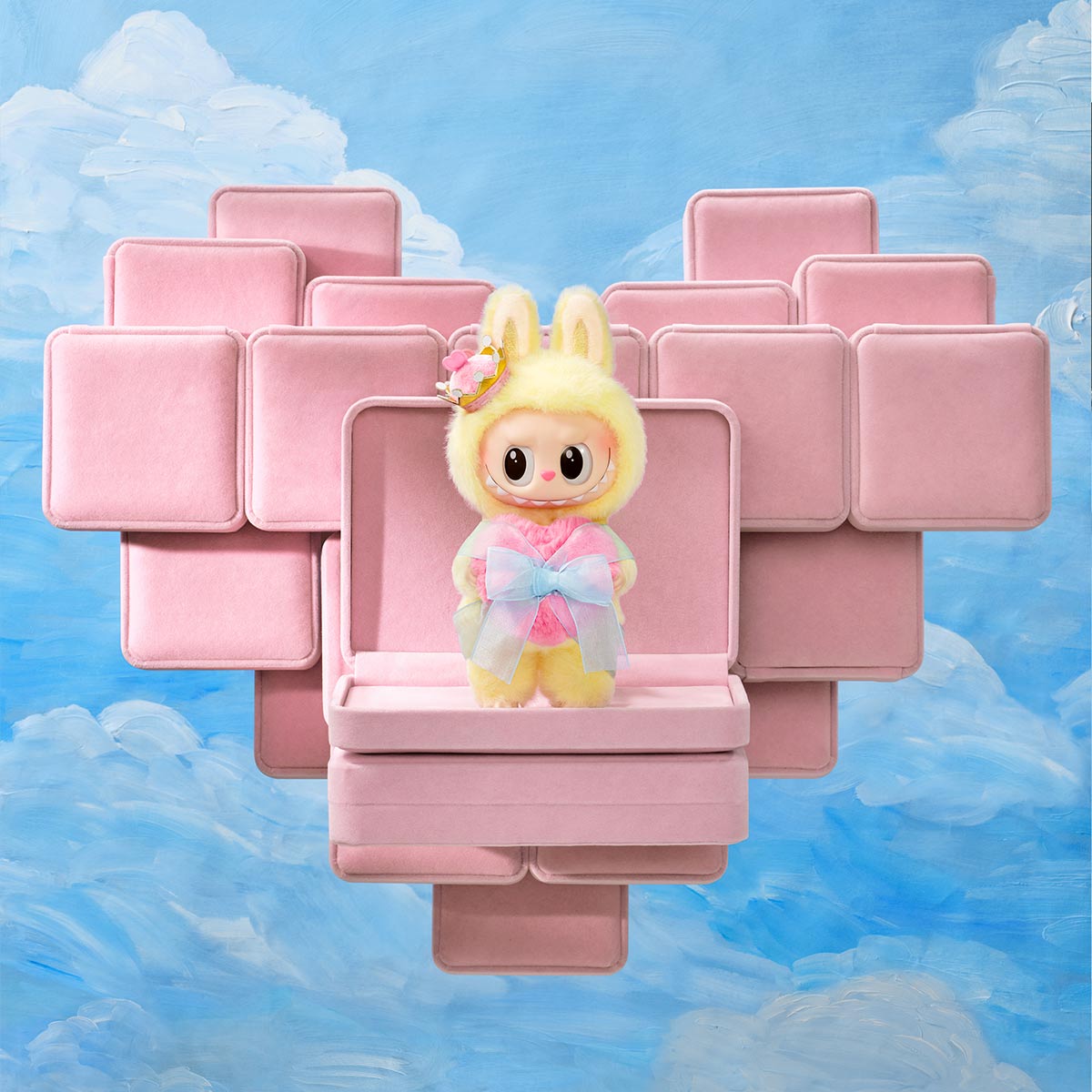The Labubu Let's Checkmate Series – Pink Heart Bunny Plush Vinyl Doll by POP MART sits in an open pink box, surrounded by more pink boxes and a cloudy sky—a charming collectible designer toy.