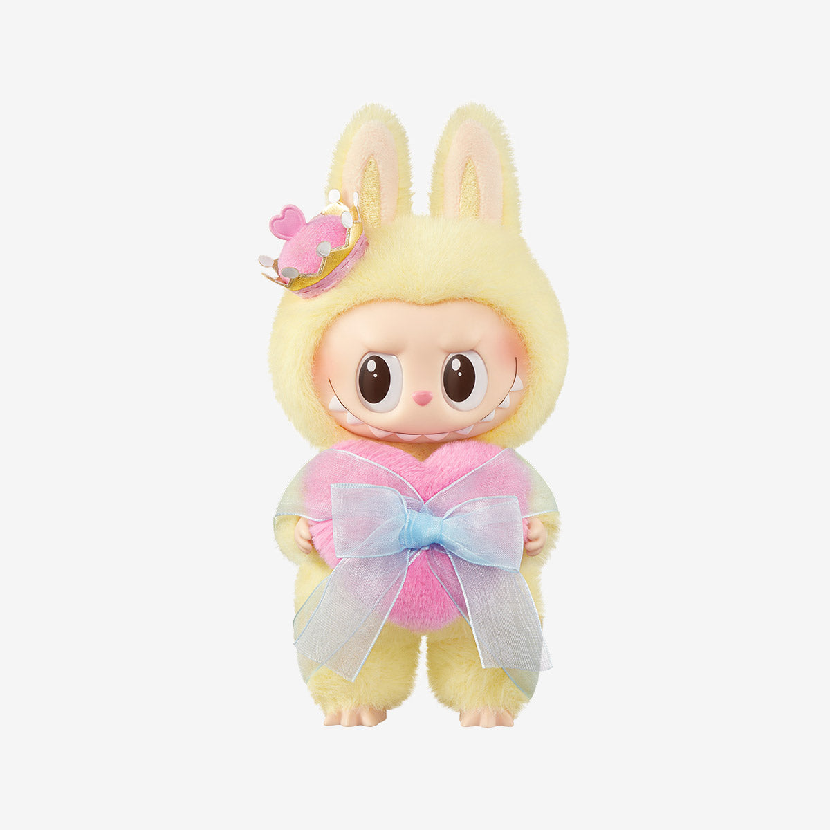 The Labubu Let’s Checkmate Series – Pink Heart Bunny Plush Vinyl Doll by POP MART features Labubu in a yellow bunny suit, holding a pink heart with blue ribbon—a delightful collectible for POP MART designer toy enthusiasts.