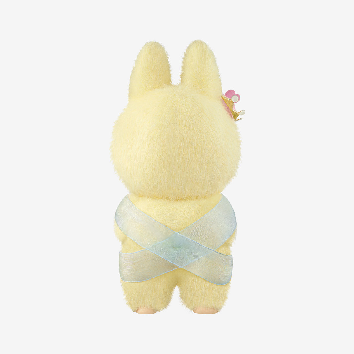 The Labubu Let's Checkmate Series – Pink Heart Bunny Plush Vinyl Doll by POP MART features a yellow figure with rabbit-like ears, seen from behind, wearing a blue ribbon and pink accessory—an adorable collectible designer toy.