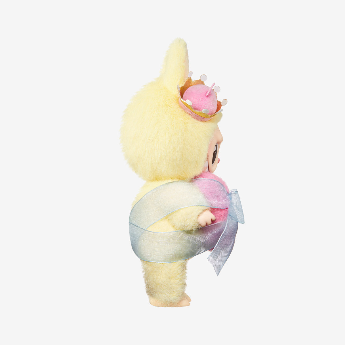 The Labubu Let’s Checkmate Series – Pink Heart Bunny Plush Vinyl Doll by POP MART is a charming designer toy, pictured in a pink animal costume with a crown and ribbon, standing sideways on a plain white background.