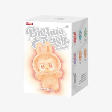 The POP MART Labubu “Luck” Plush Keychain from The Monsters “Big Into Energy” Pastel Bunny series comes in a white box with images of collectible figures and the keychain, featuring Labubu in a fluffy bunny costume.