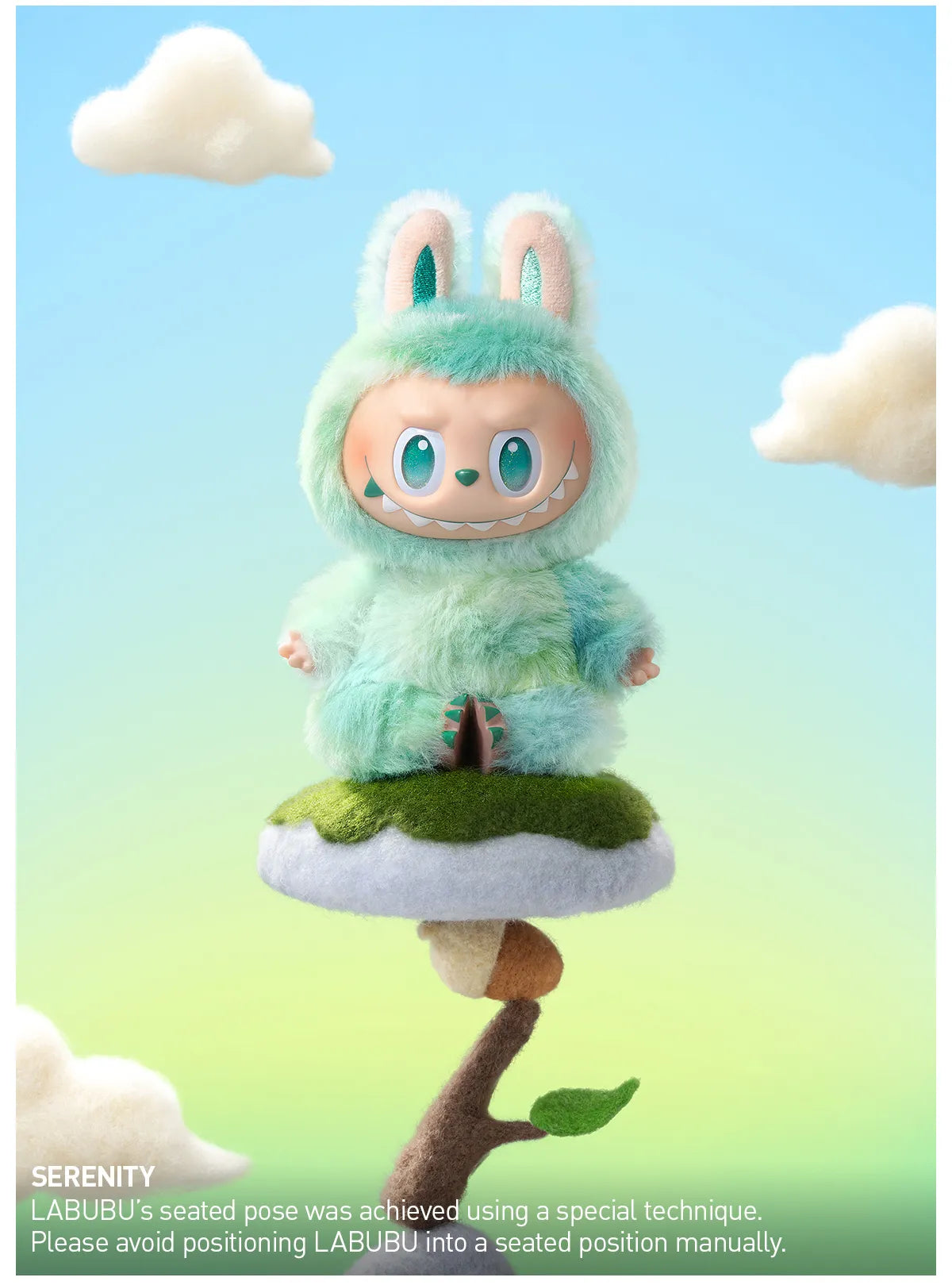 The POP MART Labubu “Serenity” Plush Keychain from The Monsters “Big Into Energy” Mint Bunny Bag Charm series features a grinning figure in a mint-green bunny suit on a floating platform with clouds, plus a warning about its seating position.