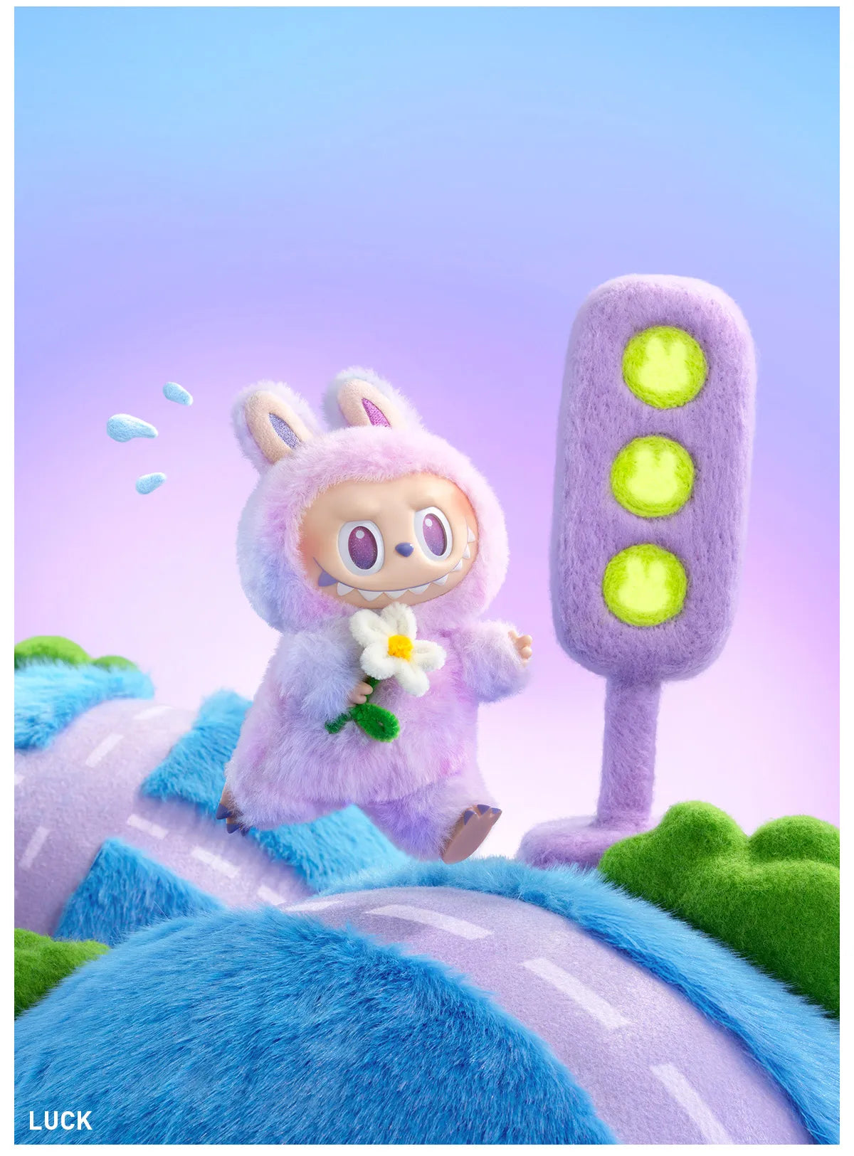 The POP MART Labubu “Luck” Plush Keychain from The Monsters “Big Into Energy” Series features a purple bunny bag charm, holding a white flower, beside a fuzzy green traffic light in a pastel landscape.
