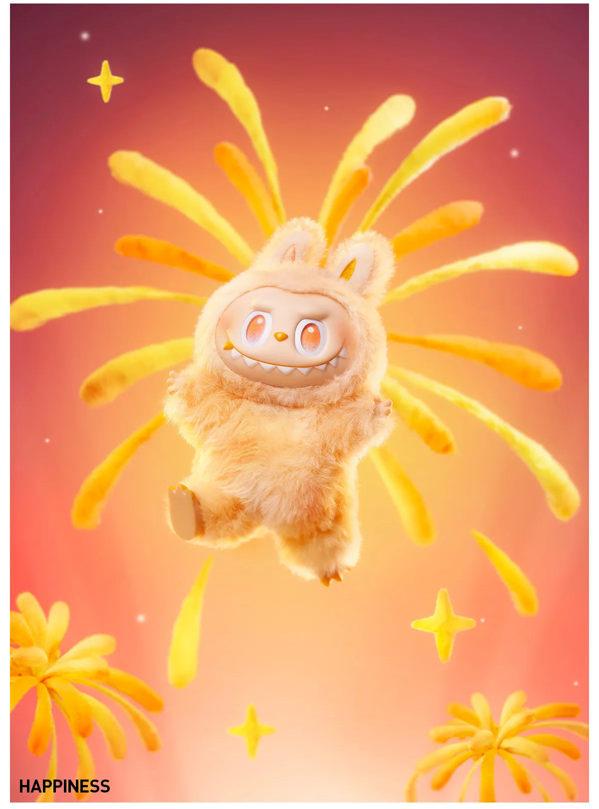 A cheerful, orange Labubu “Happiness” Plush Keychain from POP MART’s The Monsters “Big Into Energy” Peach Bunny Bag Charm series grins in front of yellow fireworks, with HAPPINESS in the corner to capture its collectible charm.