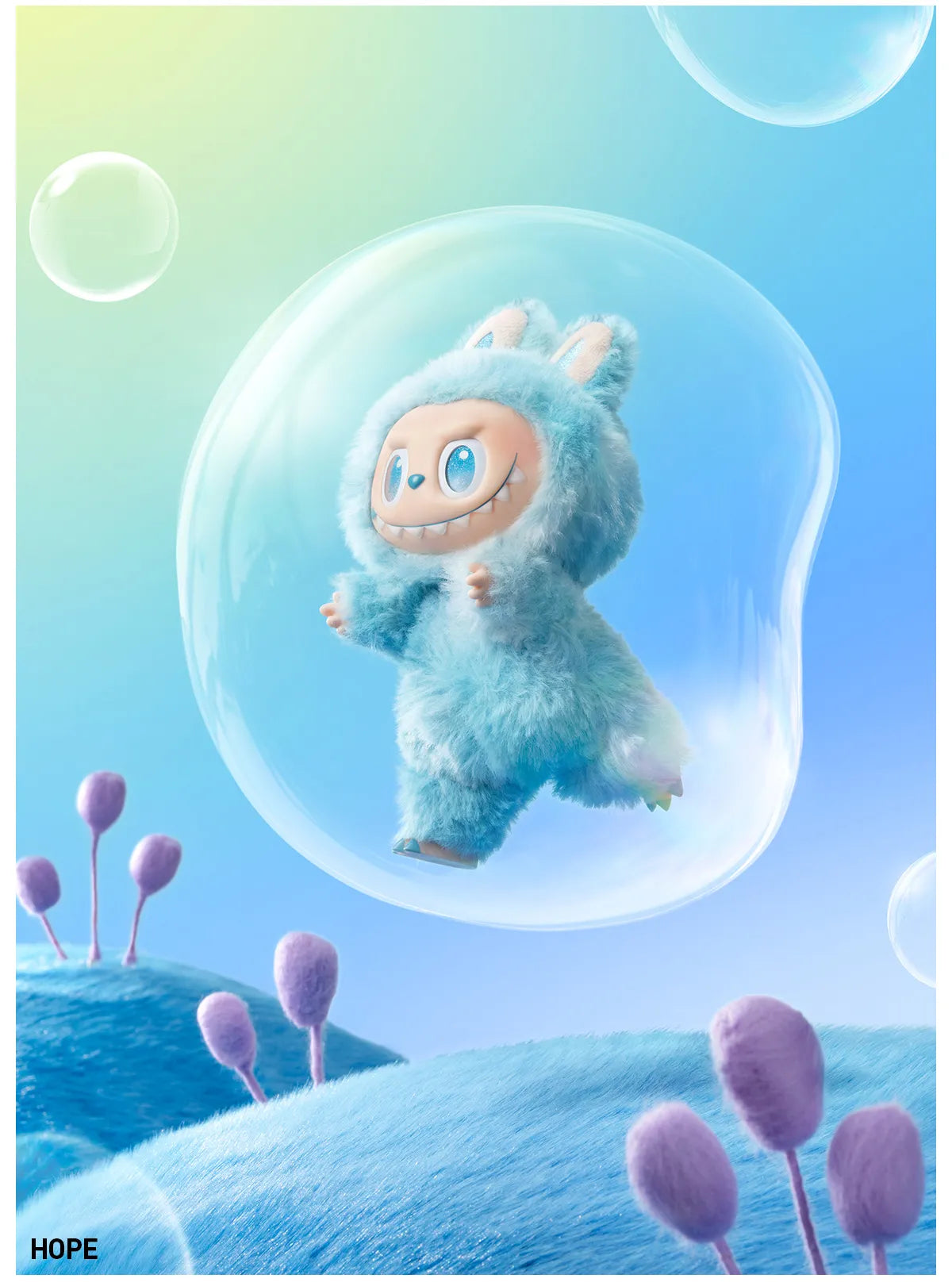 A smiling, sky-blue bunny Labubu plush keychain by POP MART floats inside a bubble above a pastel landscape with purple plants, resembling a whimsical Monsters “Big Into Energy” Series bag charm.