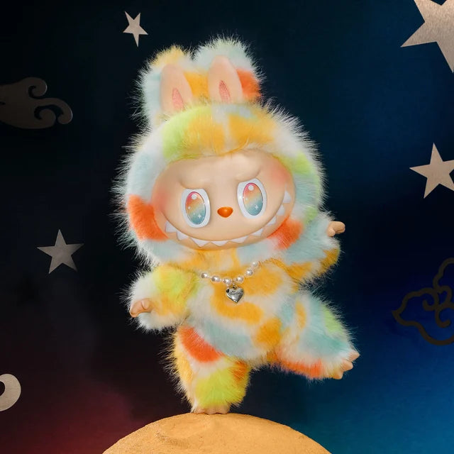 The Labubu Big into Energy Series Plush Doll (37cm) by POP MART features bright multicolored fur, bunny ears, and a pearl necklace with heart charm—an ideal collectible for any POP MART THE MONSTERS fan.