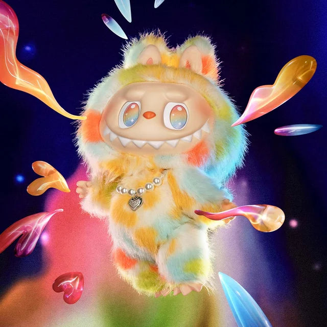 The Labubu Big into Energy Series Plush Doll – 37cm by POP MART features rainbow fur, a wide toothy grin, and large shiny eyes, standing among colorful glossy shapes on a dark glowing background.