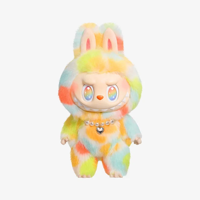 The Labubu Big into Energy Series Plush Doll by POP MART is a 37cm designer collectible featuring large eyes, a pastel multicolored furry rabbit-eared costume, and a heart pendant necklace—perfect for fans of Pop Mart plush toys.