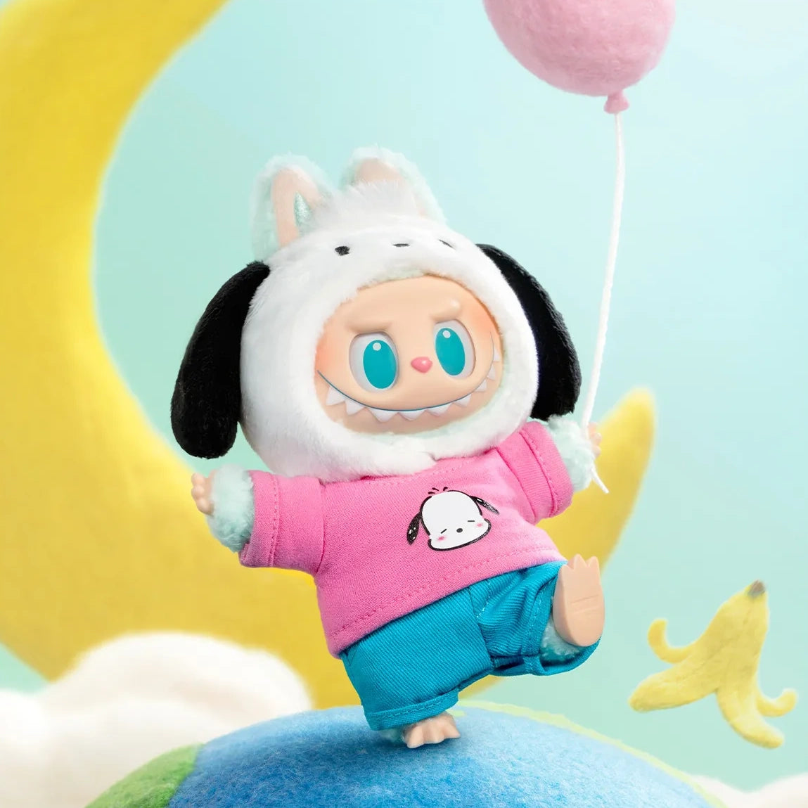 The POP MART LABUBU Hello Kitty and Friends Series Pochacco Plush Pendant Figure features Pochacco in a bunny-eared hoodie, pink shirt, and blue pants holding a pink balloon, standing on one leg among cute accessories and a banana peel.