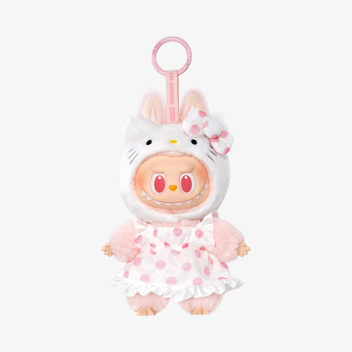 The POP MART LABUBU Hello Kitty and Friends Series Hello Kitty Plush Pendant Figure is a cute keychain featuring Hello Kitty in a pink polka-dot dress with cat ears, perfect for fans of kawaii accessories.