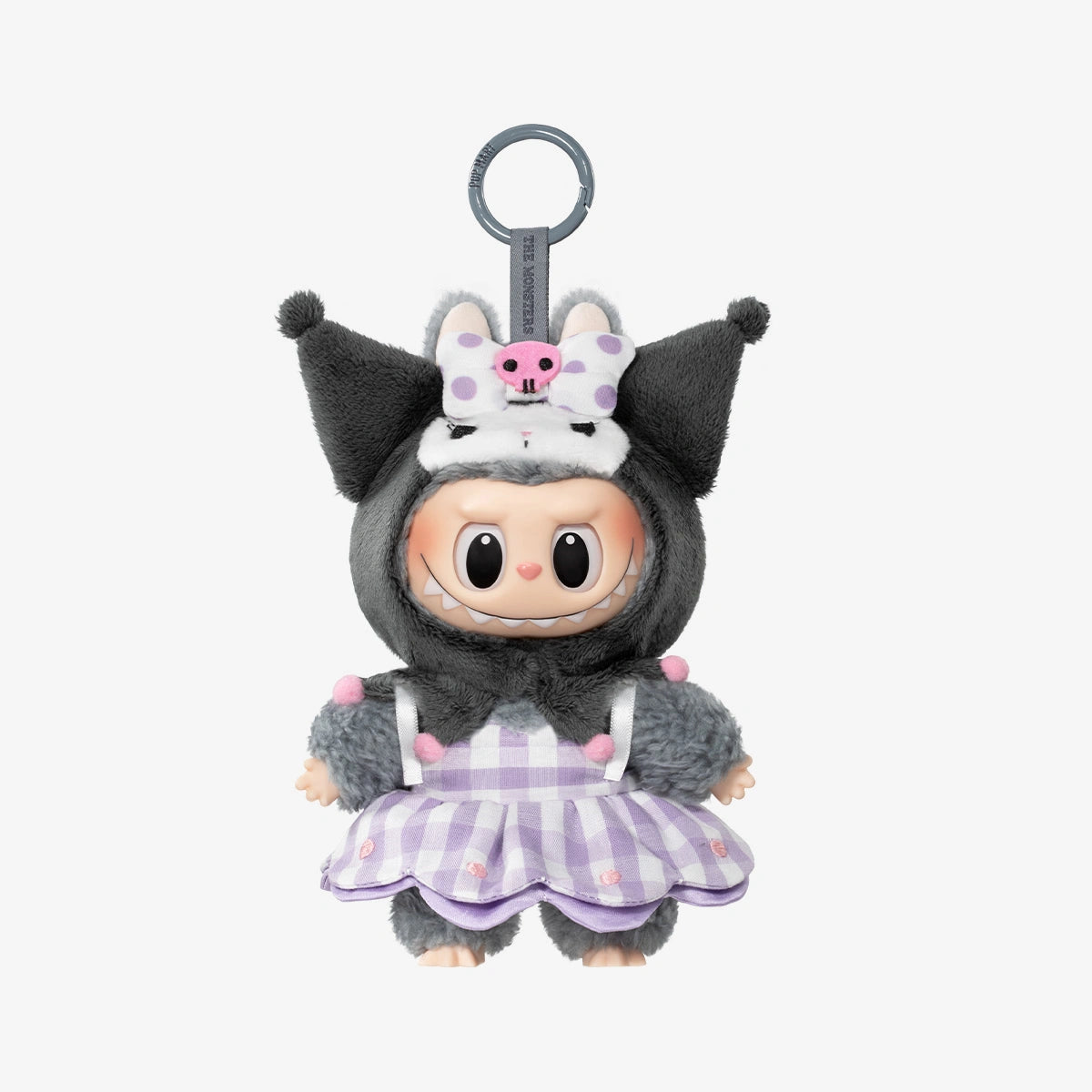 The LABUBU Hello Kitty and Friends Series Kuromi Plush Pendant Figure by POP MART is a cute keychain doll in a gray animal suit with pointy ears, a purple checkered dress, and bow—ideal as a kawaii accessory or Sanrio collectible.