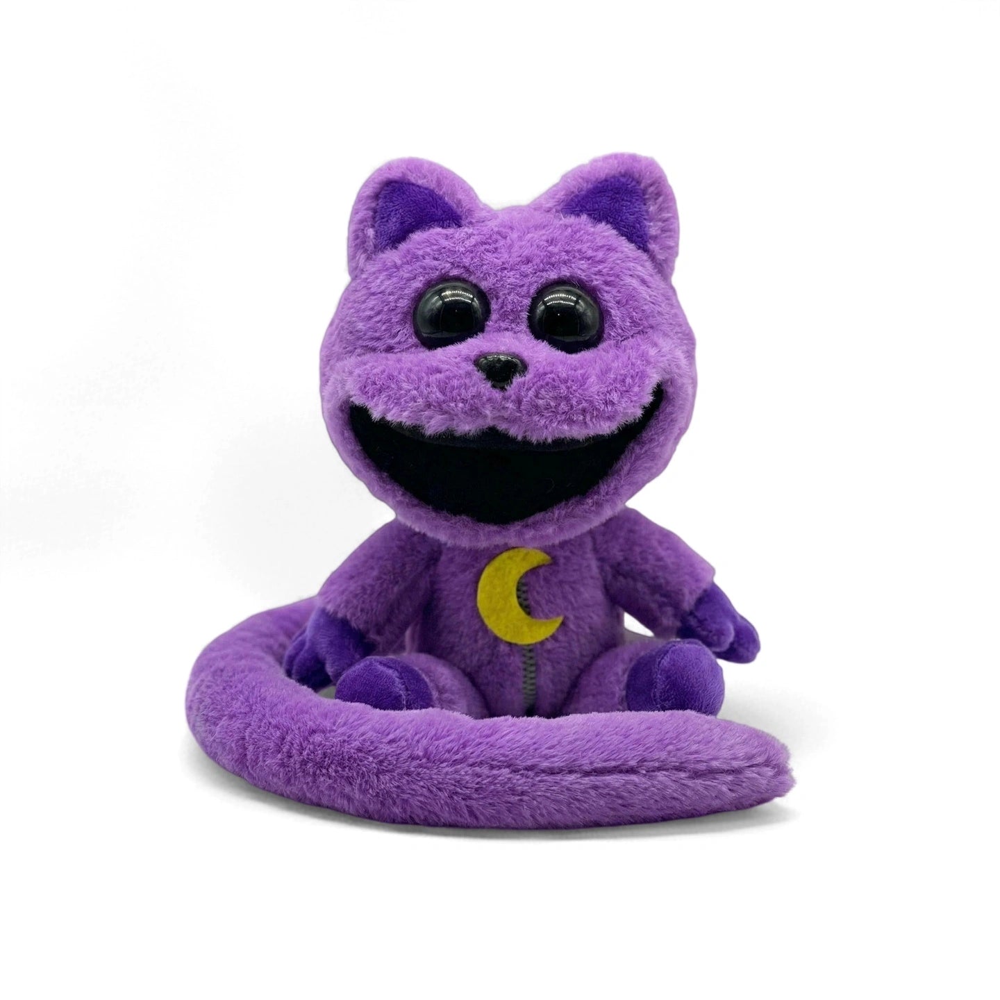 The Poppy Playtime CatNap Plush—Monster & Nightmare styles available—features large black eyes, a wide smile, and a yellow crescent moon on its chest, shown against a white background.