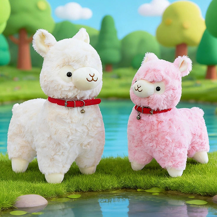 Two ZoDoll Cute Alpaca Plush Toys—one white, one pink—each with a red collar, stand on grass by a pond under blue skies and trees. These soft stuffed alpaca plush dolls add adorable charm to any setting.
