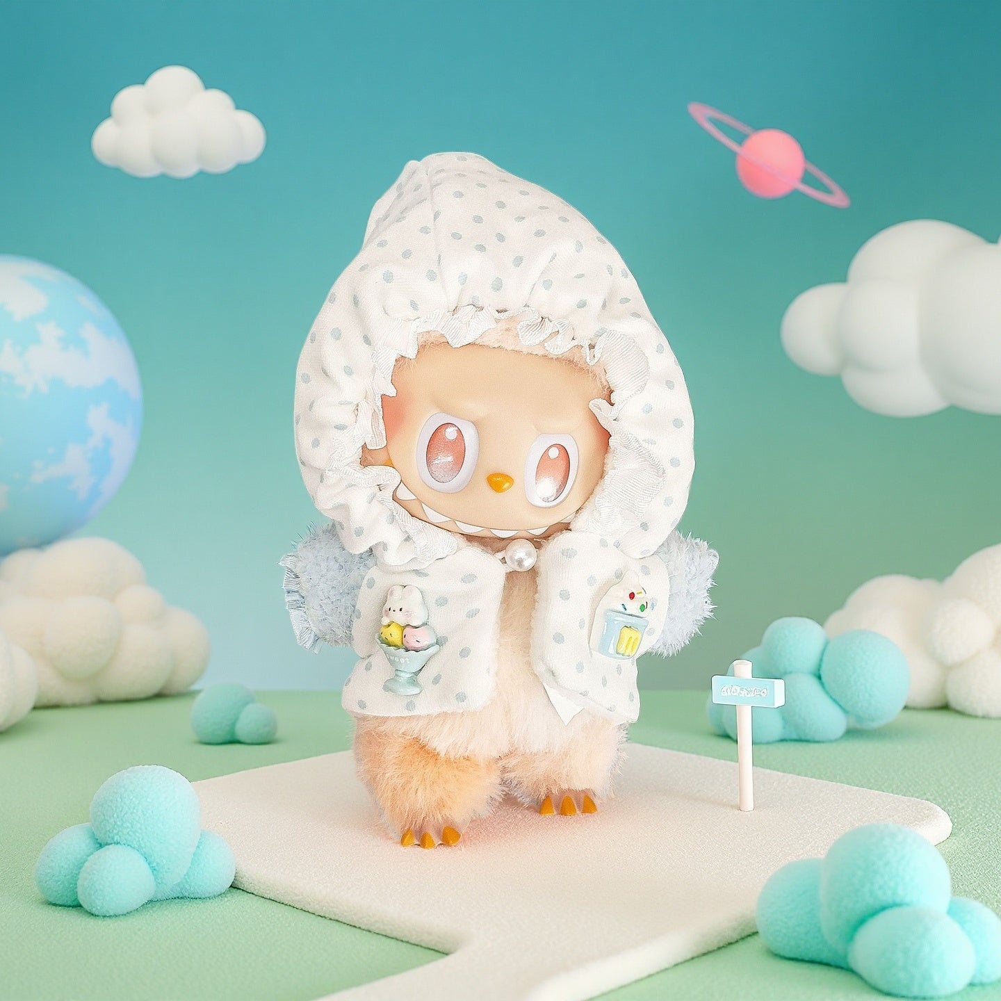 The ZoDoll Labubu, wearing a white polka dot hooded coat with ice cream badges, stands on a pastel landscape with clouds, a planet, and a signpost. Its large eyes and fluffy feet add to its irresistible kawaii charm.