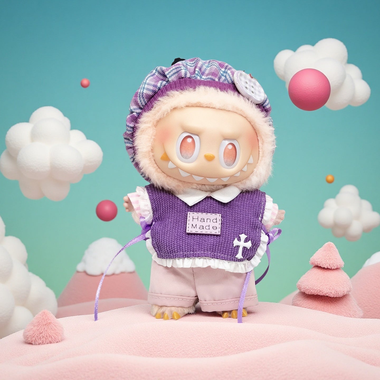 The ZoDoll Labubu Purple Knit Vest Frilly Outfit Set with Plaid Beret features a cute doll with sharp teeth and round eyes, posed on a pastel pink landscape with stylized clouds and trees under a blue sky.