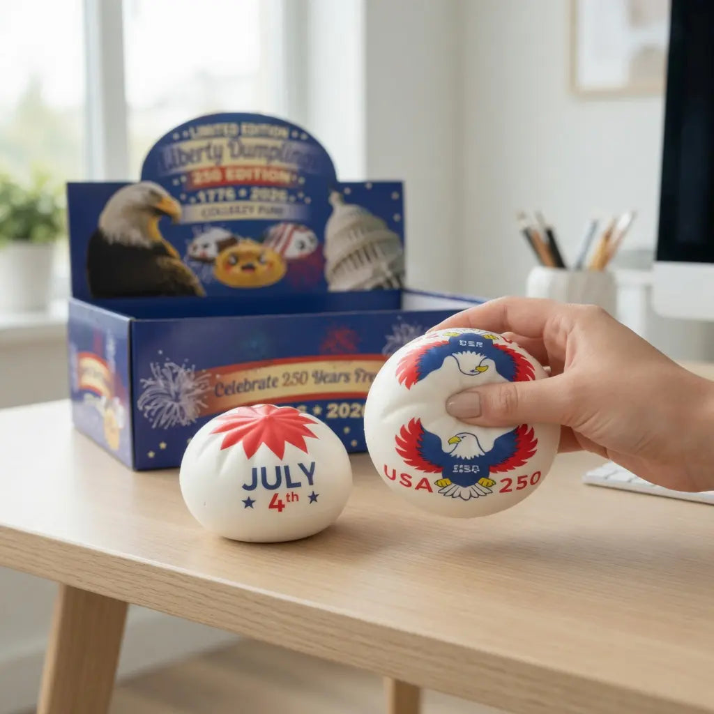 A hand holds a ZoDoll Liberty Dumplings 250 Edition Squishy Fidget Toy featuring a bald eagle and USA 250, with another showing JULY 4th. A patriotic box in the background says Limited Edition, commemorating USA 1776–2026.