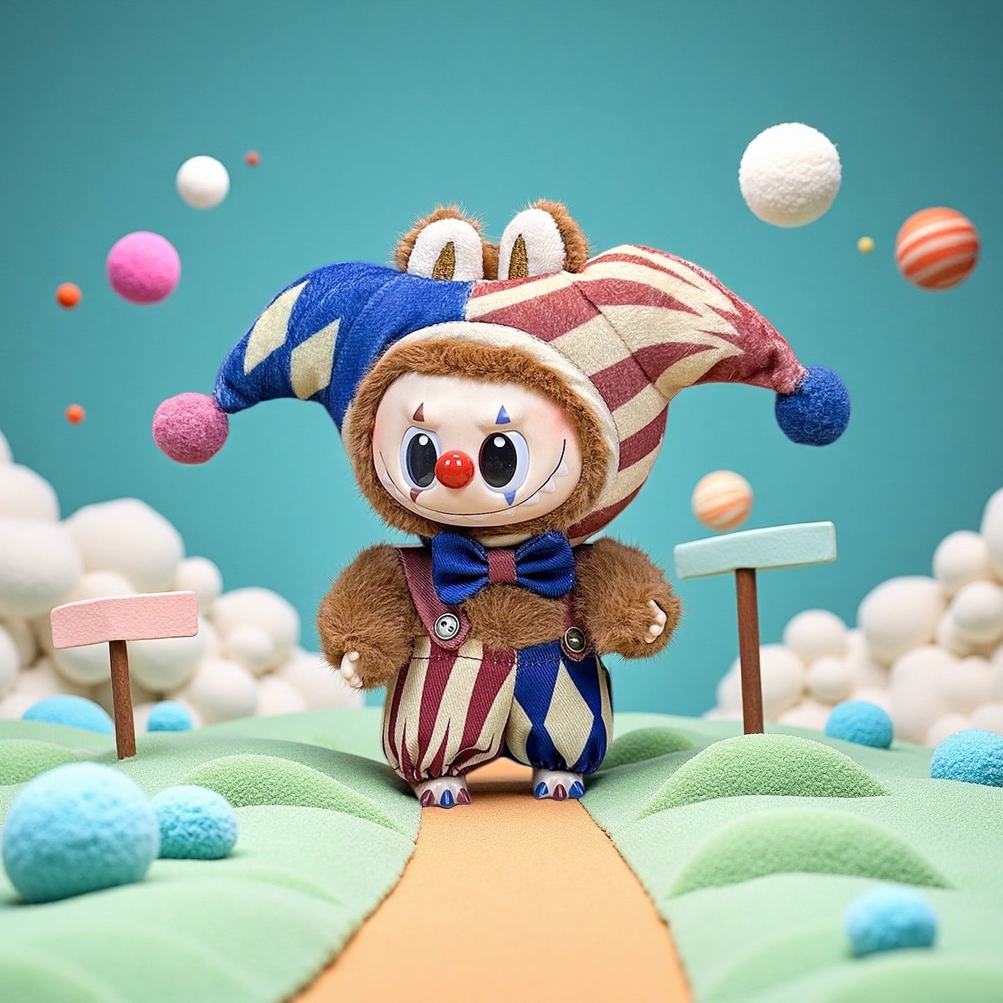 The ZoDoll plush wears a Labubu Jester Clown Doll Costume in a blue red harlequin circus outfit, standing on a colorful, whimsical landscape—an ideal addition for Pop Mart collectors.