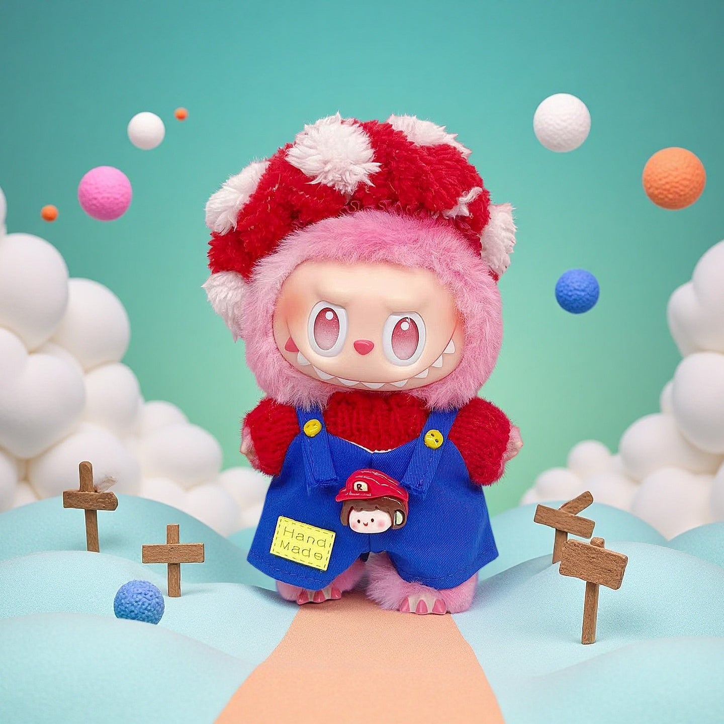 A ZoDoll plush wears the Labubu Handmade Mario-Style Blue Overalls and Red Knit Sweater Doll Outfit, standing on a pastel path with foam clouds, colorful balls, and wooden signposts against a teal background.