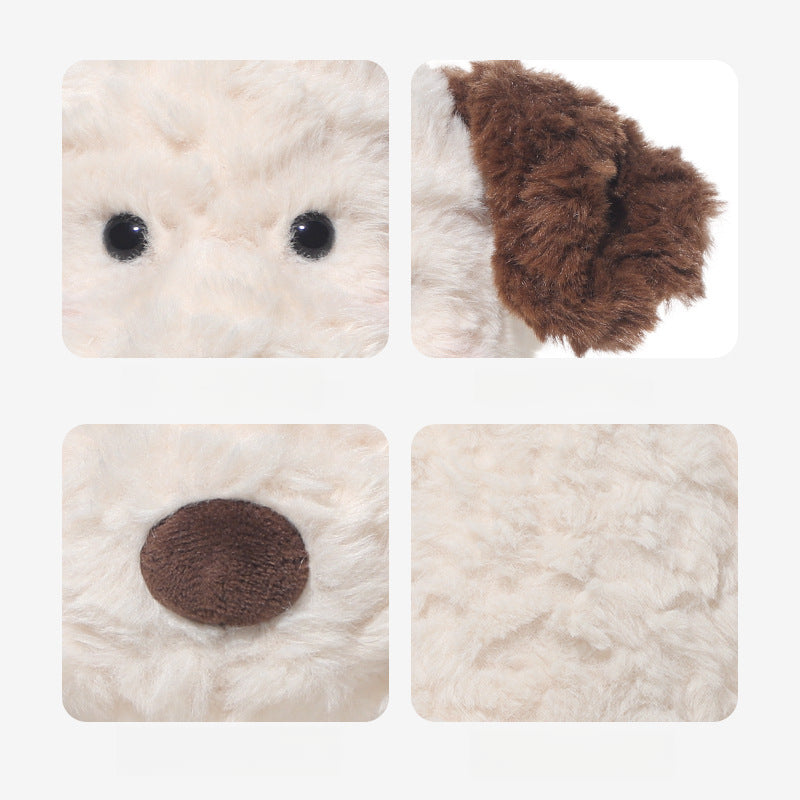 Four close-up images feature the JOOKI 35cm Plush Puppy Stuffed Toy, highlighting its shiny eyes, brown floppy ear, cute nose, and soft cream-colored fur.