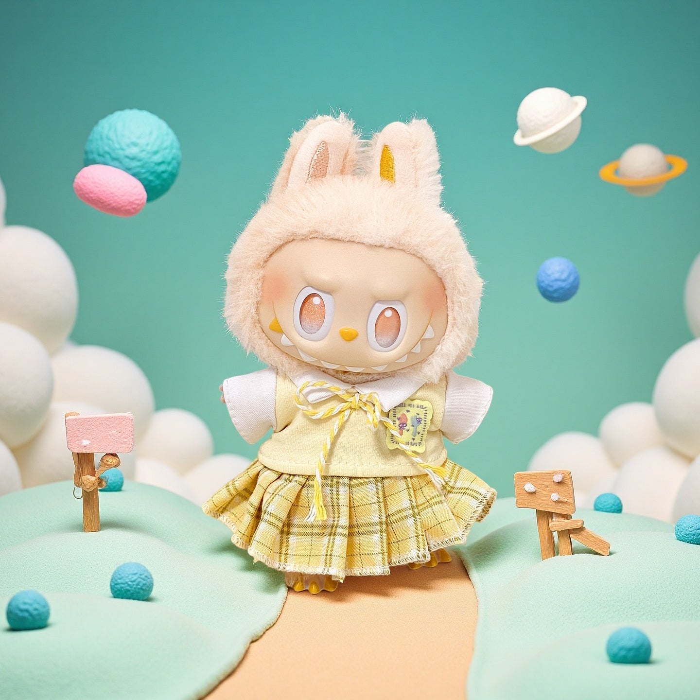 The ZoDoll Labubu Doll in a yellow plaid pleated skirt school uniform outfit stands on a pastel landscape, surrounded by whimsical signs, floating planets, and playful Pop Mart Labubu accessories.