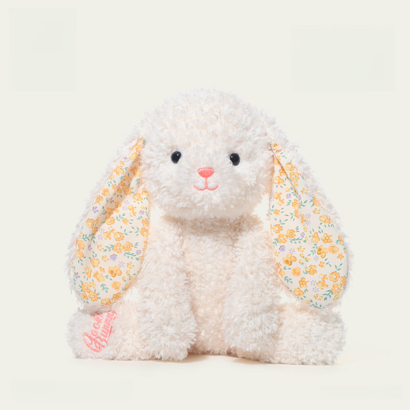 The JOOKI 38cm White Bunny Plush Toy features soft fur, floral-lined floppy ears, a pink nose, and embroidered paw—perfect for Easter gifting.