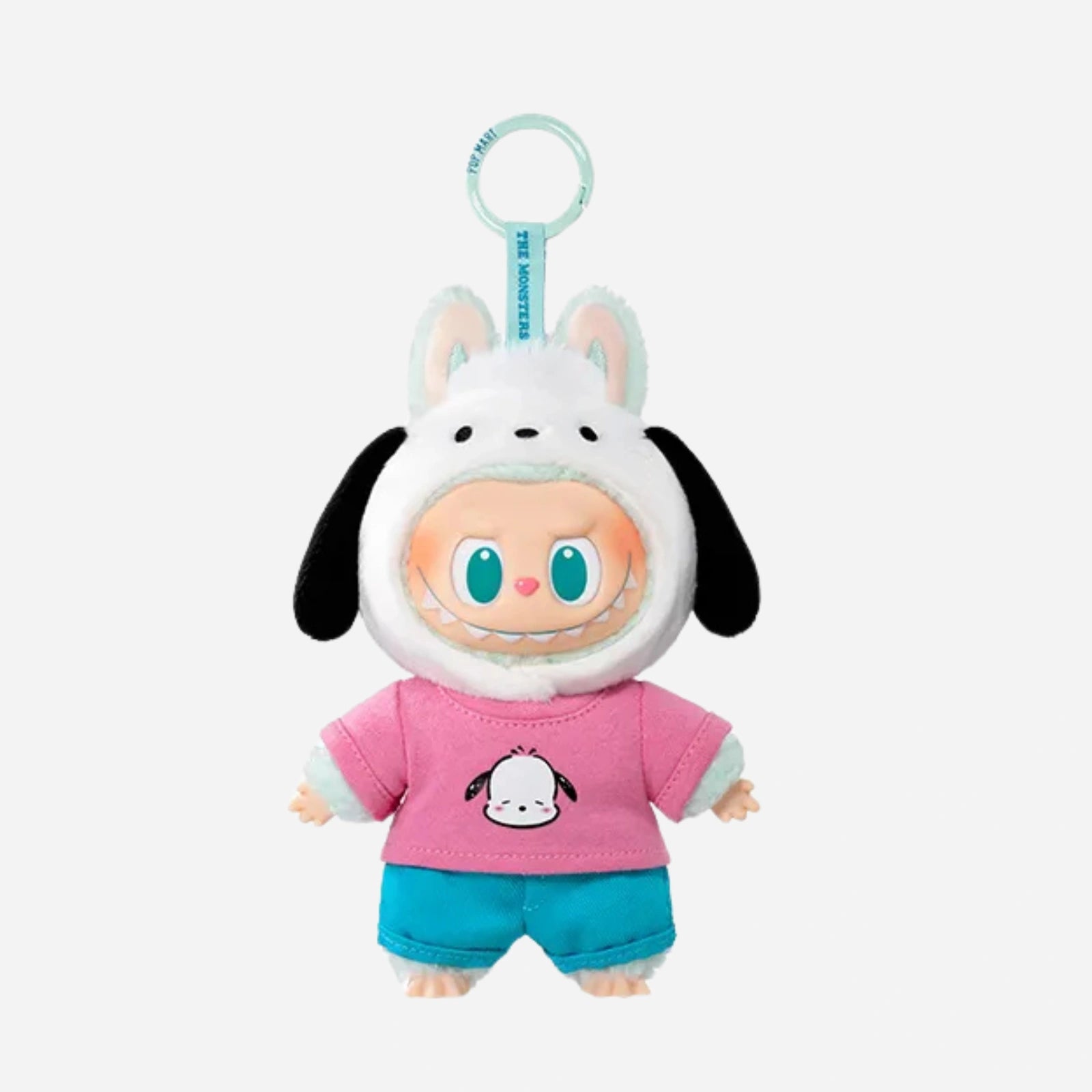 The POP MART LABUBU Hello Kitty and Friends Series Pochacco Plush Pendant Figure, dressed in a pink dog graphic shirt, blue pants, and a white hood with dog ears, is a must-have kawaii keychain accessory for your collection.