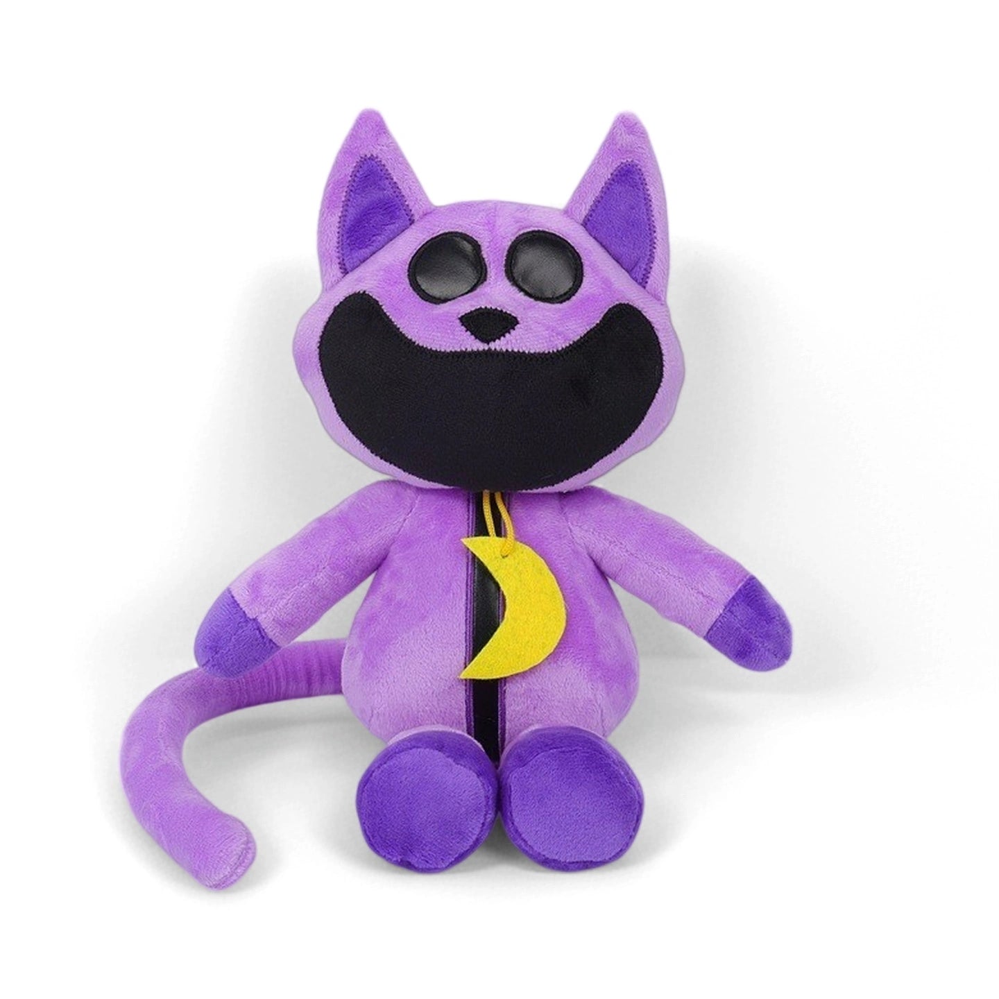 The Poppy Playtime CatNap Plush, available in 4 styles as Monster & Nightmare CatNap Plush Toys, features a purple cat with button eyes, a big black smile, and a yellow crescent moon—perfect for any Smiling Critters collection.