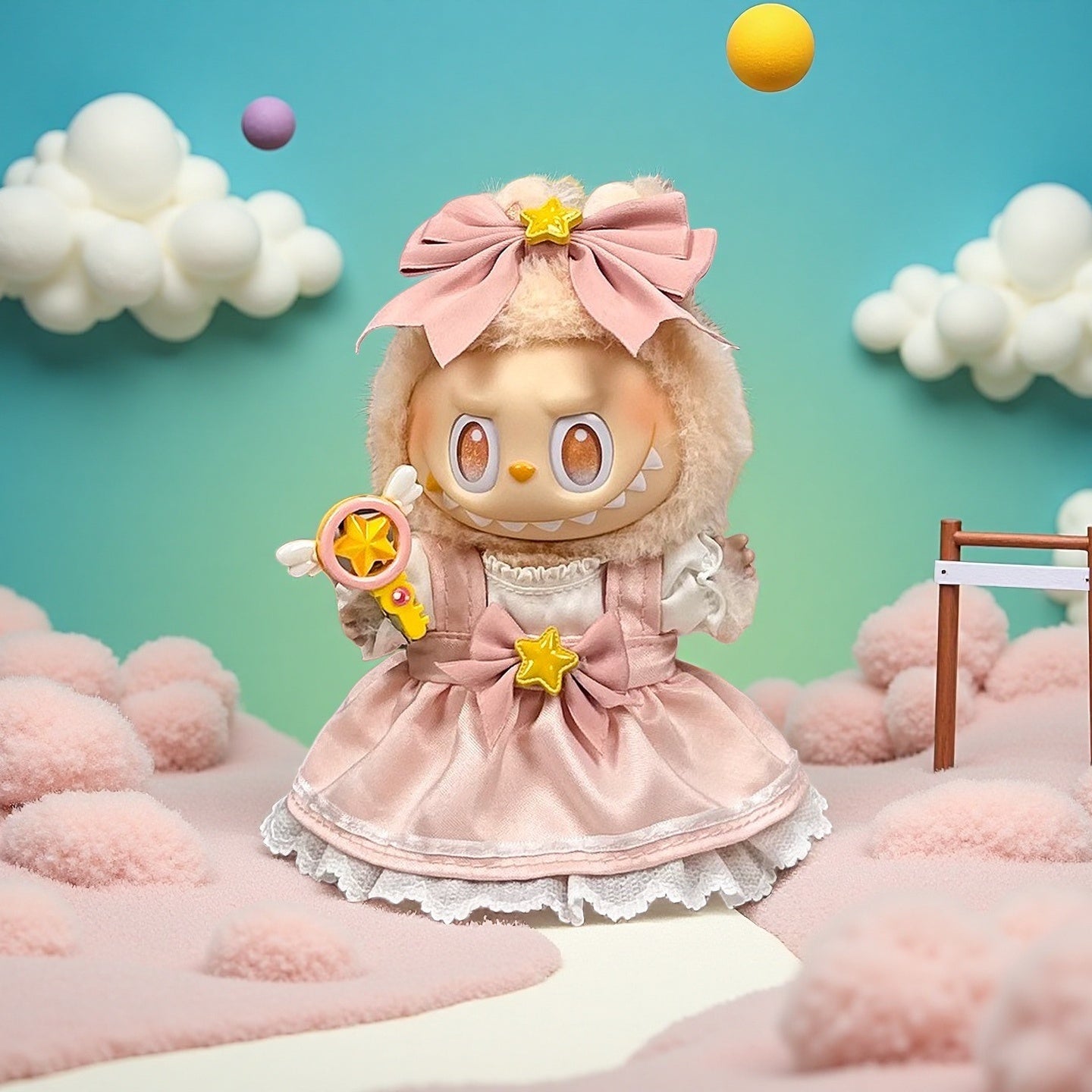 The ZoDoll Labubu Pink Magical Girl Satin Lace Dress with Star Wand and Bow Set features Labubu in a stylish Lolita outfit, holding a star wand, standing in a pastel cloud-like scene with floating spheres.