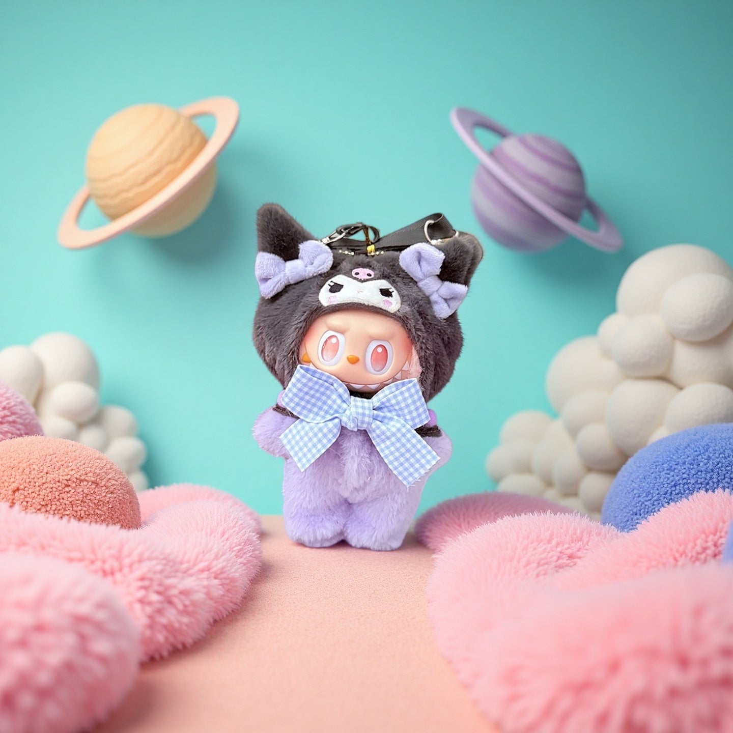 The ZoDoll Labubu Kuromi Plush Costume features a figure in a lavender purple gingham bow doll outfit, standing among pastel plush shapes with planets and clouds in the background.
