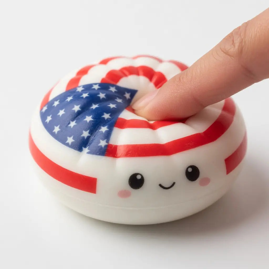 A finger presses into the ZoDoll Liberty Dumplings 250 Edition Squishy Fidget Toy with Steamer—a kawaii, white, patriotic squeeze ball celebrating USA’s 1776–2026 anniversary from the White Patriotic Series.